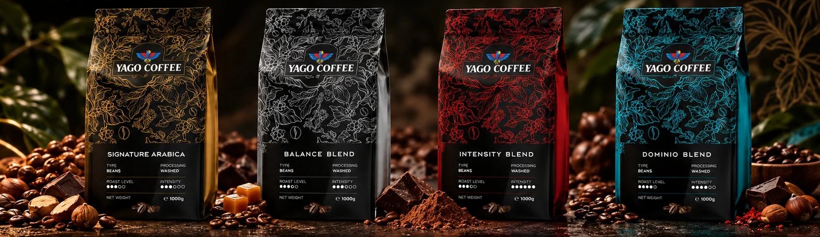 Четирите бленда YAGO coffee — Signature Arabica, Balance Blend, Intensity Blend и Dominio Blend