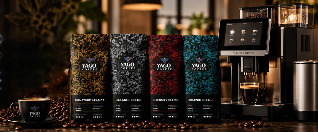 Четирите бленда YAGO coffee и брандирана кафе машина YAGO COFFEE