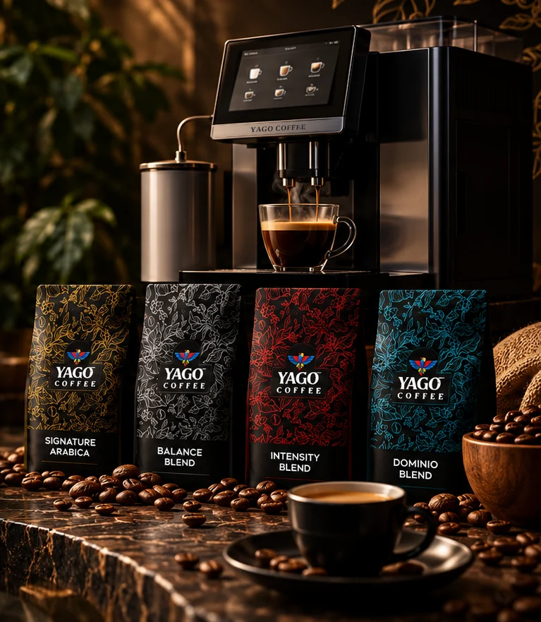 Кафе машина YAGO COFFEE, четирите бленда и чаша кафе